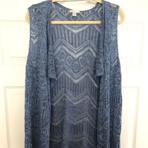Long Cadet Blue Crochet Sweater Vest